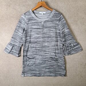 FeVer Shirt Women Medium Gray Striped Bell Sleeve Tunic Top Knit‎ Pockets